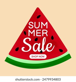 Summer sale banner template. Hand drawn watermelon slice with watercolor paint texture. Vector illustration