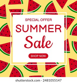 Summer sale banner template. Hand drawn watermelon slices pattern. Vector illustration