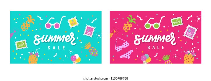 Summer Sale banner template with ice cream, pineapple, cocktail, swimsuit, sunglasses. Floral tropical summer background. Vector illustration