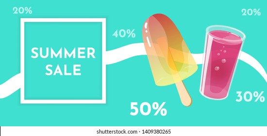 Summer sale banner template with ice cream and fresh juice. Vector illustration.