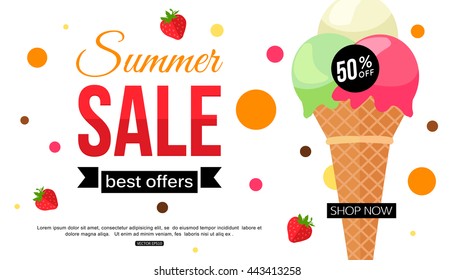 Summer sale banner template with ice cream cone, vector eps 10 format.
