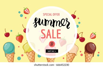 Summer sale banner template. Ice cream, strawberries, cherries. Cartoon style. Vector illustration.