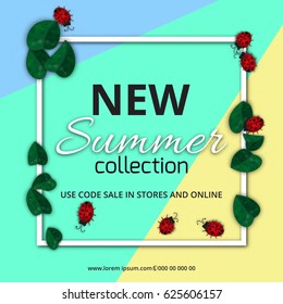 Summer sale banner template with Ladybug and leaves  on colorful background. Vector illustration