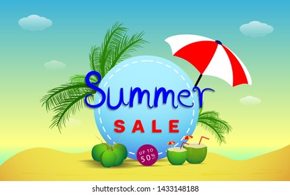 Summer sale banner template layout design with coconut tree, sun, beach landscape background in modern gradient color vector illustration 