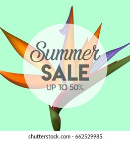 Summer Sale banner template leaf flower, poster. Summer realistic illustration for greeting card, invitation. Colorful vector background.