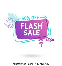 Summer sale banner template. Liquid abstract geometric speech bubble with tropic flowers and leaves, Tropical backdrop, Promo badge for seasonal offer, promotion, advertising. Vector illustration