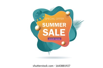 Summer sale banner template. Liquid summer bubble with tropic leaf. Tropical background and backdrop. Promo badge for seasonal offer, promotion, summer advertising. Vector summer set background.