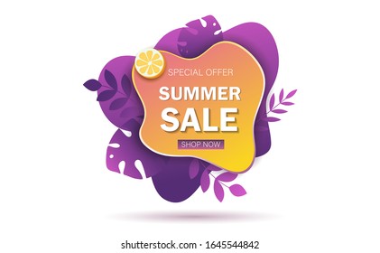 Summer sale banner template. Liquid summer bubble with tropic leaf. Tropical background and backdrop. Promo badge for seasonal offer, summer promotion, advertising. Vector summer set background.