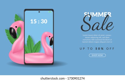summer sale banner template on smartphone online shopping with flamingo illustration on blue background, premium vector