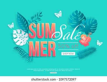 Summer sale banner template for online shopping. Colorful advertisement with paper cut tropical palm leaves, butterfly. Origami style vector illustration.