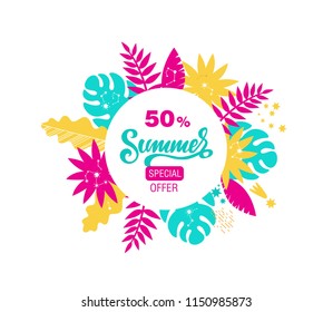 Summer Sale banner template with palm leaves, jungle leaf, cocktail, swimsuit, sunglasses. Floral tropical summer background. Vector illustration