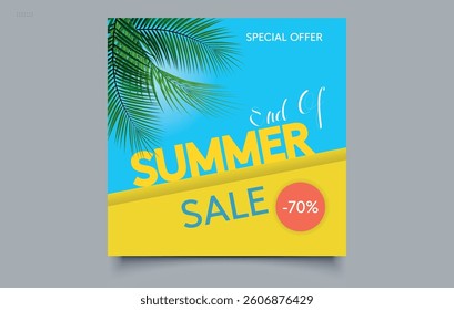 Summer sale banner template with palm leaves, blue sky and discount offer, end of summer special offer background