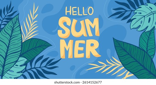 Summer sale banner template with palm leaves, water splashes, pool water background. Summer sale text. Vector illustration of flyer, brochure and ads. Happy summer background.