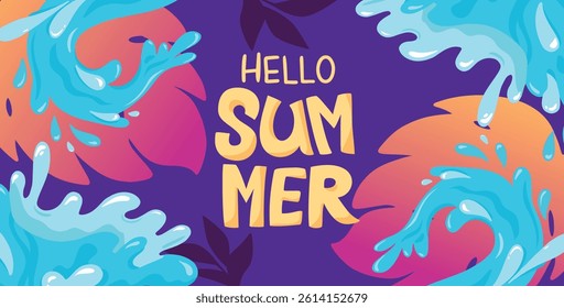 Summer sale banner template with palm leaves, water splashes, pool water background. Summer sale text. Vector illustration of flyer, brochure and ads. Happy summer background.