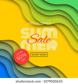 summer sale banner template with paper cut colorful layers and text for greeting cards, posters, flyers, invitations, brochures