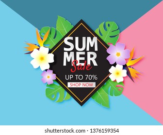 Summer sale banner template with paper cut tropical leaves and flower on pastel color background. Design for Poster, banner, advertising, wallpaper, postcard, brochure, flyer template.