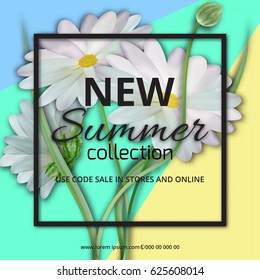 Summer sale banner template with paper flower on colorful background. Vector illustration