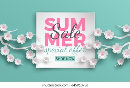 Summer sale banner template with paper cut frame and blooming pink cherry flowers on green floral background for banner, flyer, invitation, poster or web site. Paper cut art style, vector illustration