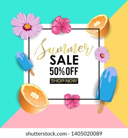 Summer sale banner template with pastel color background and tropical fruit decoration