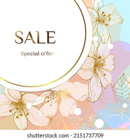 Summer sale banner template with pastel and golden lilies. Special offer. Pink gentle background and flowers. Can use postcard and voucher, wallpaper, flyers, invitation, posters, social media card