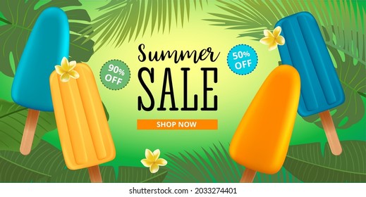 Summer sale banner template with popsicle ice cream, frangipani flower and palm leaves. Typography badge. Vector