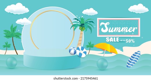 
Summer sale banner template promotion with product 3d Product display. Hello summer holiday beach horizontal banner. Hi Summer vacation Discount travel poster.
Colorful tropical sea beach Landscape.