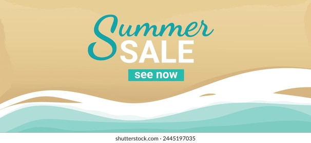 Summer sale banner. Sale template with sea or ocean beach. Sand and waves. Sale and discounts concept. Vector illustration