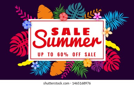 Summer sale banner template for seasonal sales with tropical leaves flowers background, color exotic floral design banner, flyer, invitation, poster. Paper cut style, vector illustration