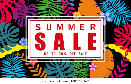 Summer sale banner template for seasonal sales with tropical leaves flowers background, color exotic floral design banner, flyer, invitation, poster. Paper cut style, vector illustration
