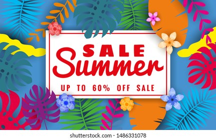 Summer sale banner template for seasonal sales with tropical leaves flowers background, color exotic floral design banner, flyer, invitation, poster. Paper cut style, vector illustration