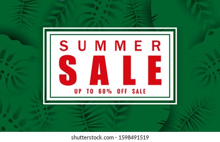 Summer sale banner template for seasonal sales with tropical leaves flowers background, color exotic floral design banner, flyer, invitation, poster. Paper cut style, vector illustration