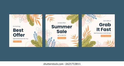 Modelo de banner de venda de verão para postagens de mídia social, aplicativos móveis, design de banners, anúncios na Web ou na Internet. Modelo de estação de verão quadrado abstrato na moda.
