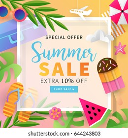 Summer sale banner template for social media and mobile apps with paper art travel and vacation background. Vector illustration