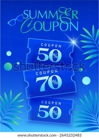 Summer sale banner template with stack of gift vouchers with coupon code, percentage off, isolated on background with palm leaf. Travel discount banner template in vector illustration