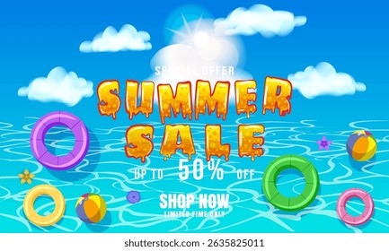 Summer Sale banner template. Swimming pool, blue water ocean, swim ring, tropical, sun top view