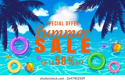 Summer Sale banner template. Swimming pool, blue water ocean, swim ring, tropical palms, sun top view