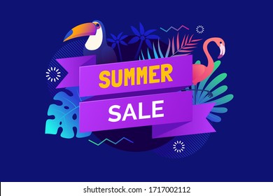 Summer sale banner template. Text ribbon with leaves and tropical birds in neon colors. Hawaiian tropical poster. Promo badge for your seasonal design. Vector illustration.