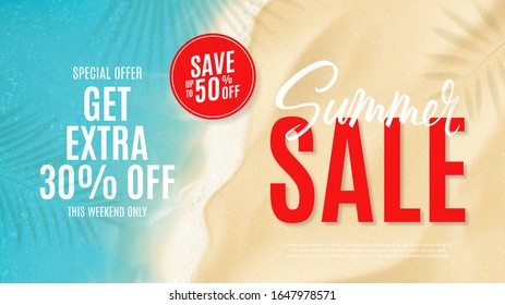 Summer sale banner template. Top view on sea beach with soft waves. Vector illustration with plant's shadows. Seasonal discount offer.