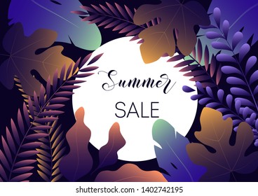 Summer sale banner template with trendy gradient leaves on dark blue background. Modern gradient design. Vector illustration. 