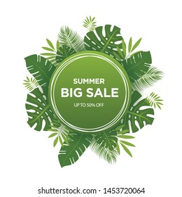 Summer sale banner template. Trendy summer tropical leaves.