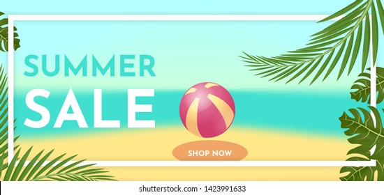 Summer sale banner template with tropic leaves. Hot offer concept. Vector illustration.