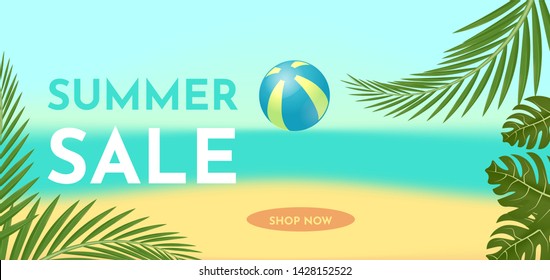 Summer sale banner template with tropic leaves. Hot offer concept. Vector illustration.