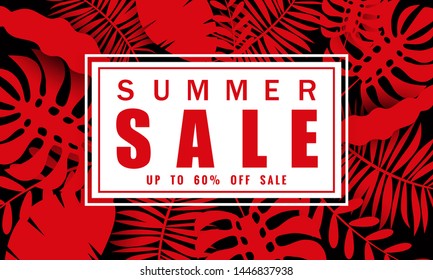 Summer sale banner template with tropical leaves background, color exotic floral design for seasonal sales banner, flyer, invitation, poster, web site or greeting card. Paper cut style, vector