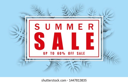 Summer sale banner template with tropical leaves background, color exotic floral design for seasonal sales banner, flyer, invitation, poster, web site or greeting card. Paper cut style, vector