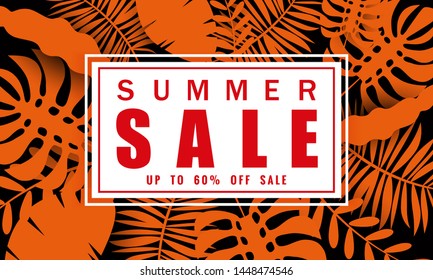 Summer sale banner template with tropical leaves background, color exotic floral design for seasonal sales banner, flyer, invitation, poster, web site or greeting card. Paper cut style, vector