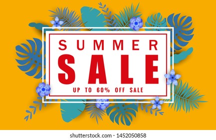 Summer sale banner template with tropical leaves background, color exotic floral design for seasonal sales banner, flyer, invitation, poster, web site or greeting card. Paper cut style, vector