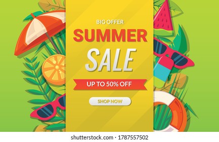 Summer sale banner template with tropical leaves. Special offer sale for summer time banner vector. Social media promotion summer concept