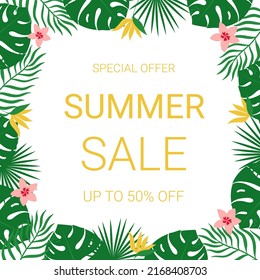 Summer sale banner template with tropical leaves and flowers frame. Template for social media, flyer and poster. Vector illustration