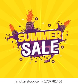 Summer sale banner template vector design with purple pineapple and juice splashes. Summer sale seasonal promotional vector design on hot yellow background.