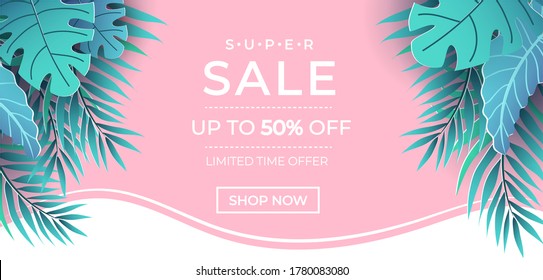 Summer sale banner template. Vector trendy summer Sale design. Summer season Holiday design with paper cut tropical leaves. Vacation vector background.